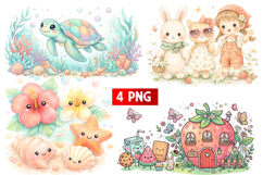 Cute Summer PNG | Turtle, Floral Seashell &amp; Strawberry House Product Image 1