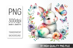 Floral Bunny Clipart PNG, Watercolor Animal with Flowers Product Image 1