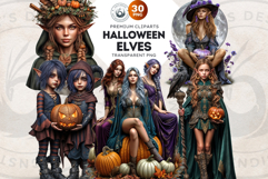 Halloween Elves Clipart PNG Set, Fantasy Witchy Elf clipart Product Image 1
