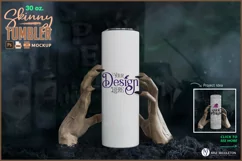 Mockup photo of creepy witch hands holding a white 30 oz. skinny tumbler in dark foggy background with spell book and potions