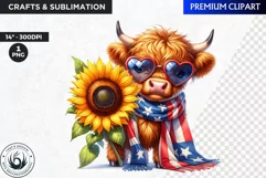 Patriotic Highland cow Clipart,4th of july, sunflower png Product Image 1