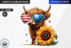 Patriotic Highland cow Clipart,4th of july, sunflower png Product Image 1
