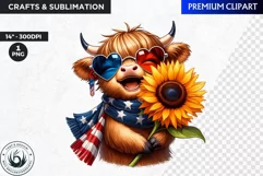 Patriotic Highland cow Clipart,4th of july, sunflower png Product Image 1