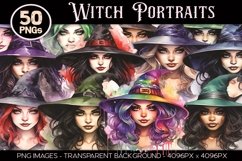 50 Witch Portraits Watercolor PNG Clip Art Bundle Product Image 1