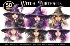 50 Witch Portraits Watercolor PNG Clip Art Bundle Product Image 5