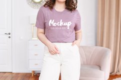 Bella Canvas 3001 Heather Orchid T-shirt Mockup | Model Mock Product Image 1