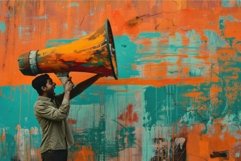 Young man shouting through megaphone against colorful wall Product Image 1
