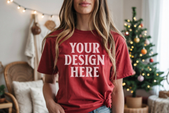 Christmas Bella Canvas 3001 Red Shirt Mockup ,Trandy Mockup Product Image 1