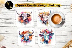 Watercolor Cow Coaster design,Cow flowers Square Coaster Product Image 1