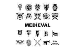 medieval heraldry arms shield, icons set vector Product Image 1