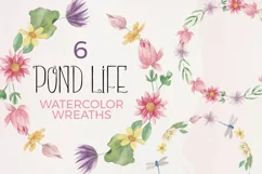 Pond Life Pink Florals 6 Wreaths Watercolor Dragonfly Leaves Product Image 1