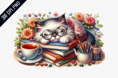 Books And Sleeping Cat Sublimation - Clipart PNG Design Product Image 1