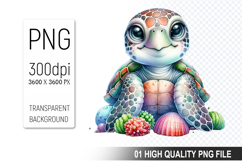Floral Sea Turtle Clipart, Watercolor Sea Turtle PNG File Product Image 1