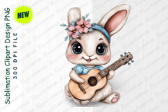 Watercolor Bunny With Flowers Playing Ukulele Cute Clipart Product Image 1