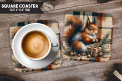 Squirrel, Woodland Animals, Buffalo Plaid Square Coaster PNG Product Image 1