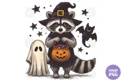 Vintage Funny Sarcastic Feral Witch Raccoon Halloween PNG Product Image 1