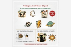 Vintage Alien Sticker Clipart | 18 PNG Files | Retro UFO Product Image 7