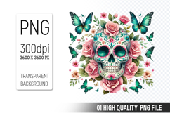 Sugar Skull Clipart PNG, Sublimation Skull Flowers Product Image 1