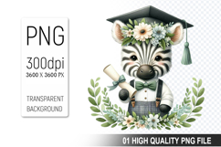 Zebra Clipart PNG, Watercolor Graduation Animals Clipart Product Image 1