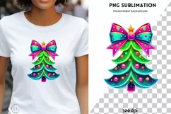 Neon Christmas Tree PNG, Pink Brushstroke & Coquette Bow Product Image 1