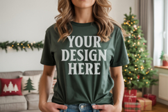 Christmas Bella Canvas 3001 Forest Green Shirt Mockup ,Trand Product Image 1