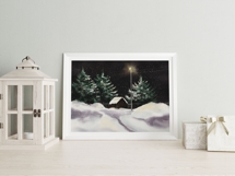 Watercolor winter snowy landscape with lantern trees and hou Product Image 6