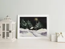 Watercolor winter snowy landscape with lantern trees and hou Product Image 6