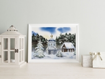 Watercolor winter landscape with church and snow Product Image 4