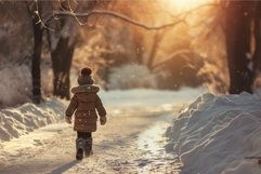 Child walking in snowy winter forest at sunset Product Image 1