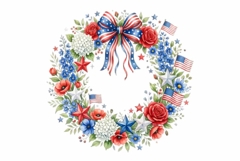 Watercolor round wreath made of red white and blue flowers Product Image 1