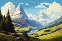 Majestic Swiss style landscape mountain discover. Generate A Product Image 1
