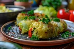 Cabbage rolls stuffed with minced meat and rice on a plate, Product Image 1