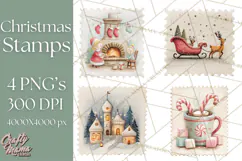 Vintage Christmas Stamp Clipart PNG Watercolor Product Image 1