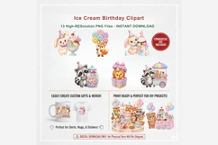 Ice Cream Birthday Clipart Bundle | Cute Animal Party PNG Product Image 5