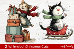 2 Whimsical Christmas Cats Clipart | Cute Holiday Cat PNG Product Image 1