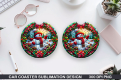 Snowman Car Coaster Sublimation|Christmas Coaster PNG Design Product Image 1