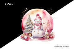 Pink Snowman Clipart, Gold and Pink Chistmas Clipart Product Image 1