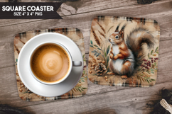 Squirrel, Woodland Animals, Buffalo Plaid Square Coaster PNG Product Image 1