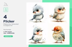 Cute Flicker Bird Baby Watercolor illustration Set 4 Product Image 1