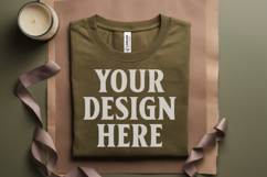 Heather Olive Folded Bella Canvas 3001 Flat Lay T-Shirt Mock Product Image 1