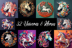 32 Unicorn and Horses 3D Papercut Illustration Images JPG Product Image 1