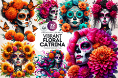 Floral Vibrant la catrina Day of Dead Cliparts Sugar skull Product Image 1