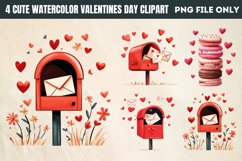 Cute Watercolor Valentines Day Clipart PNG Product Image 1