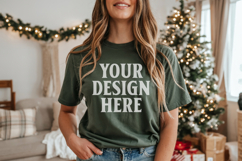 Christmas Bella Canvas 3001 Forest Green Shirt Mockup ,Trand Product Image 1