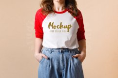 3200 Bella Canvas Red White Raglan Mockup | Model Mockup Product Image 1