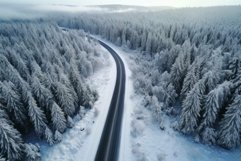 Winter road through snow-covered forest from above Product Image 1