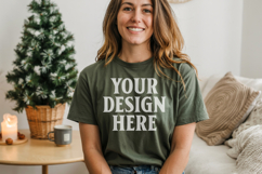Christmas Bella Canvas 3001 Forest Green Shirt Mockup ,Trand Product Image 1