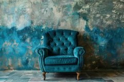 Blue velvet chesterfield armchair standing in front of a gru Product Image 1