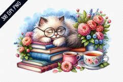 Books And Sleeping Cat Sublimation - Clipart PNG Design Product Image 1
