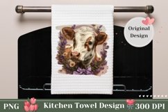 Cute Cow Kitchen Towel Design, Floral Dish Towel PNG Product Image 1